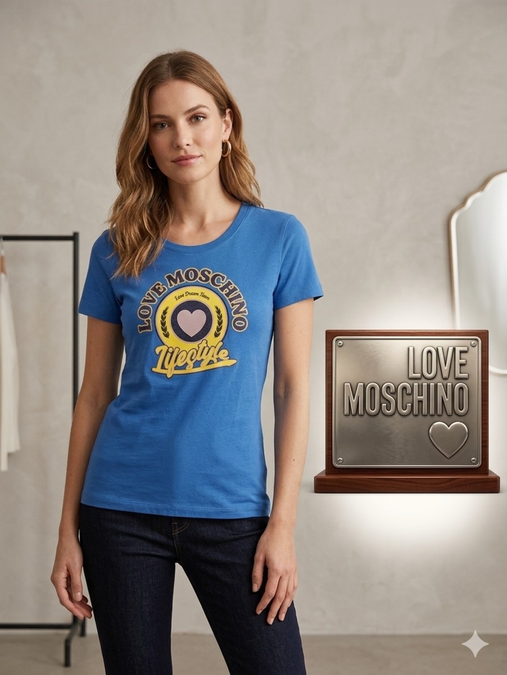 Love Moschino Bright Blue Logo Tee with Yellow & Pink Accents